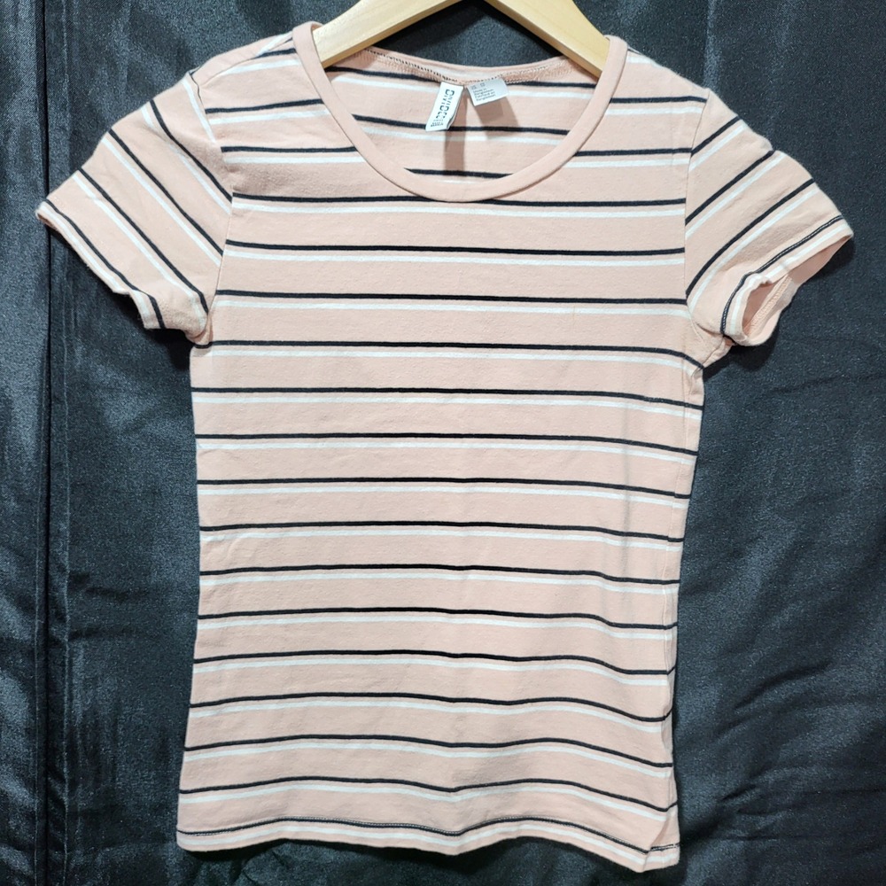 H&M Divided Pink Striped‎ Short Sleeve T-Shirt XS Crew Neck Basic Tee